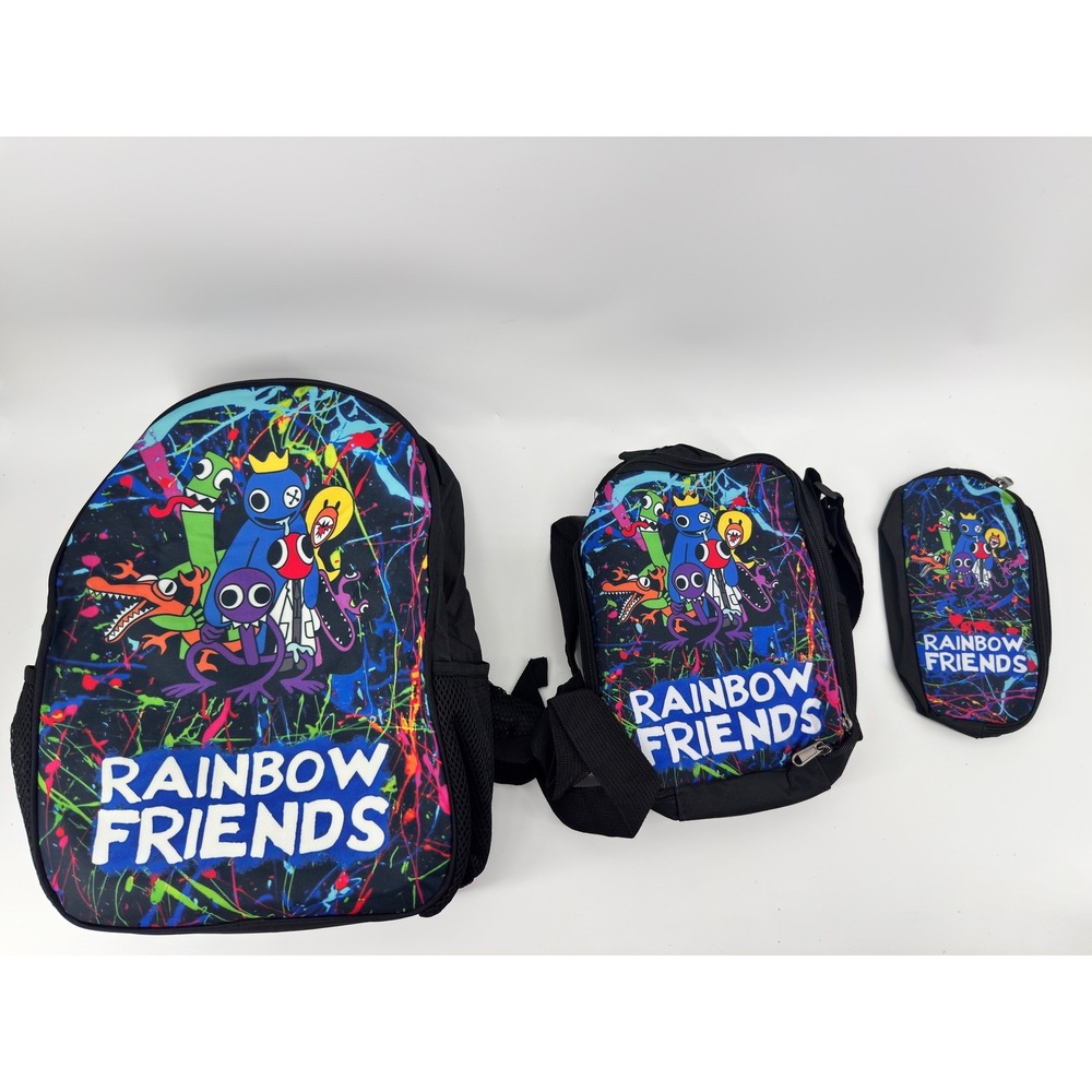 Rainbow Friends 3 Piece Backpack Set Lunch Bag Pencil Case Roblox Gaming Black